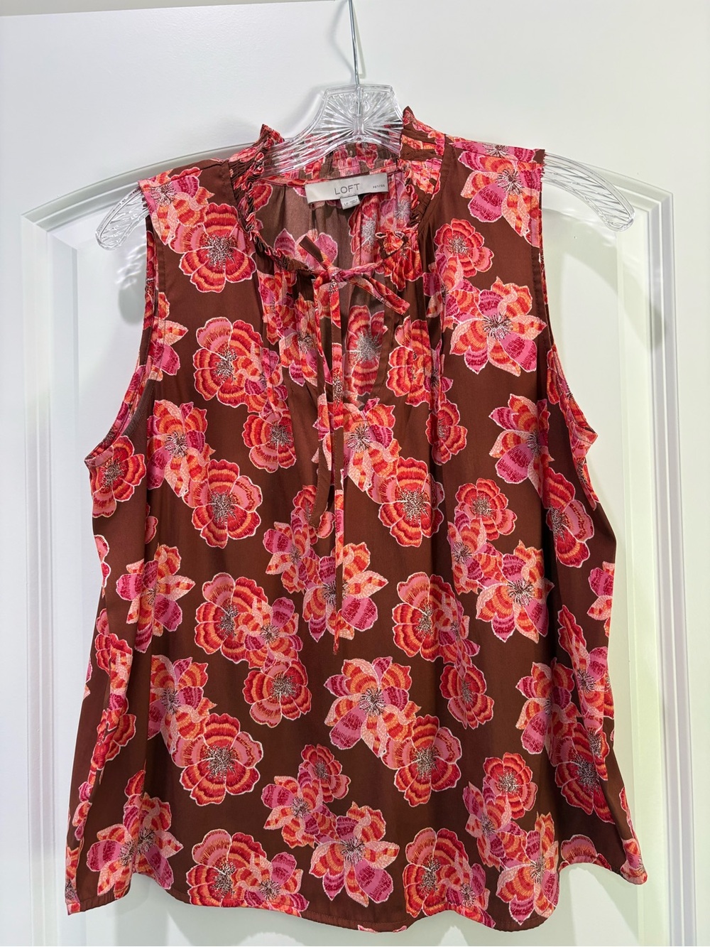 LOFT Brown Sleeveless Floral Tie-Neck Camisole with Pink Blossoms